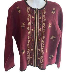 Koret Boiled Wool Cardigan Zip Front Burgundy Embroidered Size Medium Petite